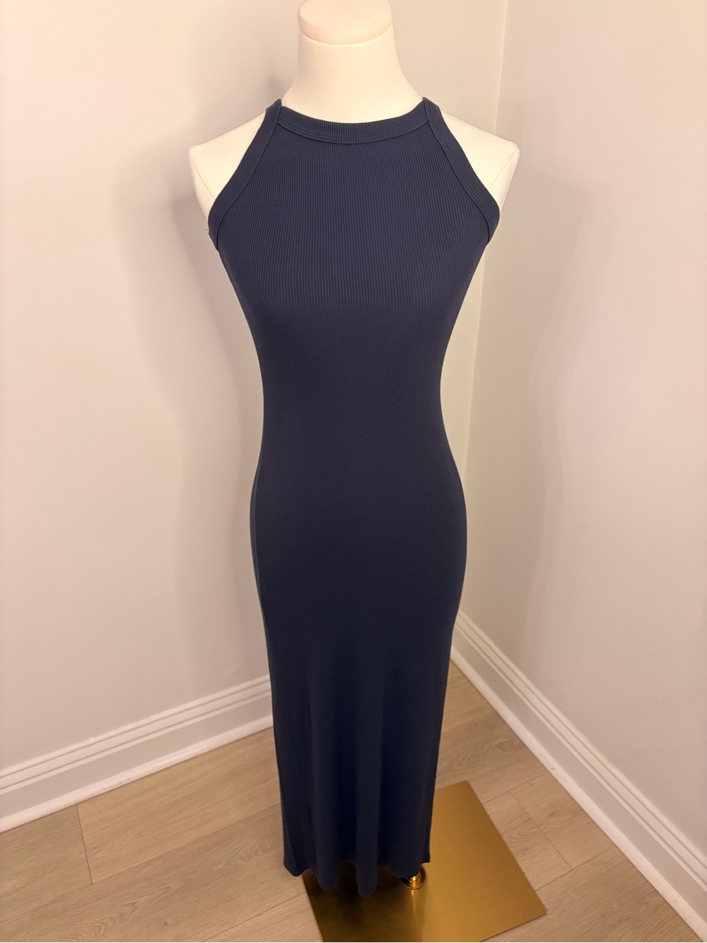 LNA Ribbed Skinny Racer Maxi Dress In Navy Size XS